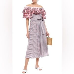 GUL HURGEL Off the Shoulder Ruffled Striped Linen Blend Midi Dress Small NWT